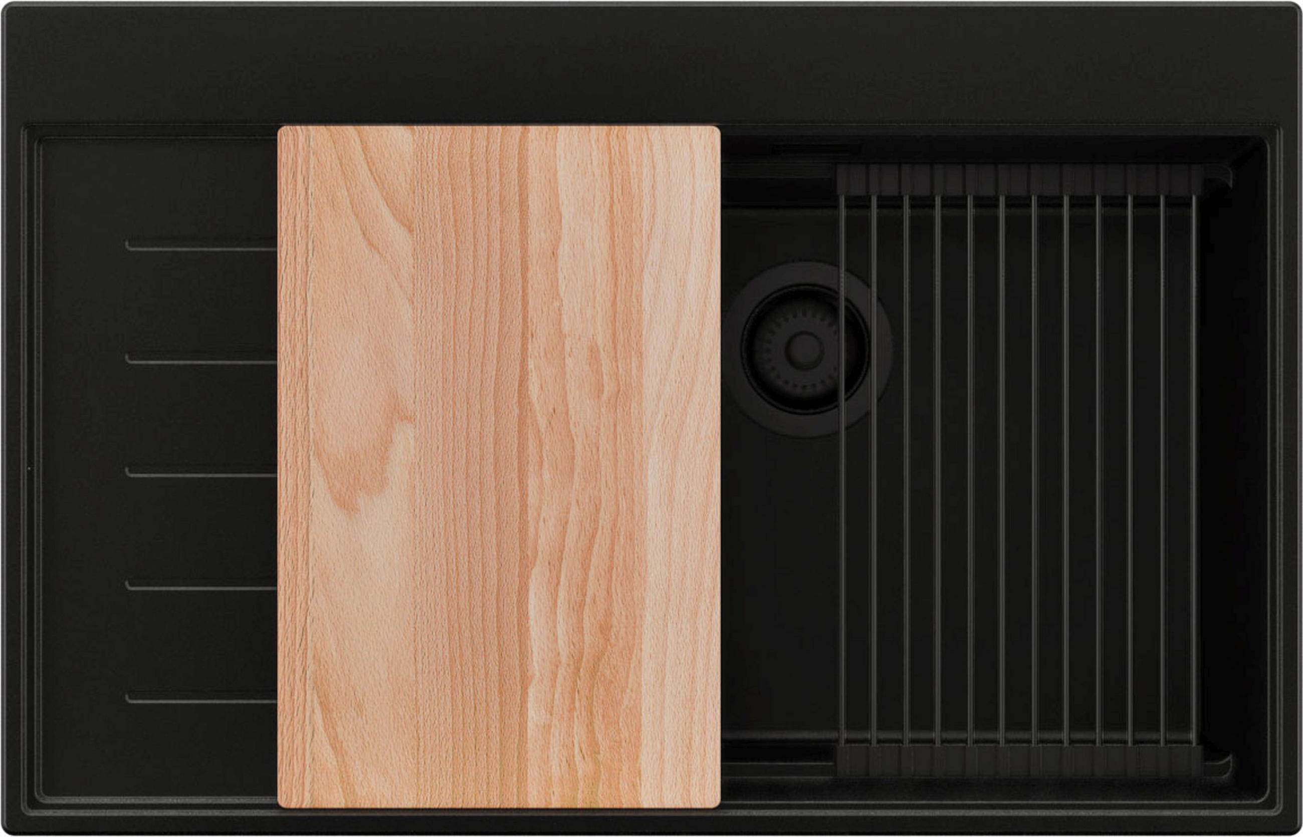 SPÜLBECKEN Sydney, 2-er set Alles Schwarz 78/50 cm 1 Becken + Ablauf-Set + Küchenzubehörset ab 60er Unterschrank - Beige/Schwarz, Kunststoff (78/20/50cm) - Primagran