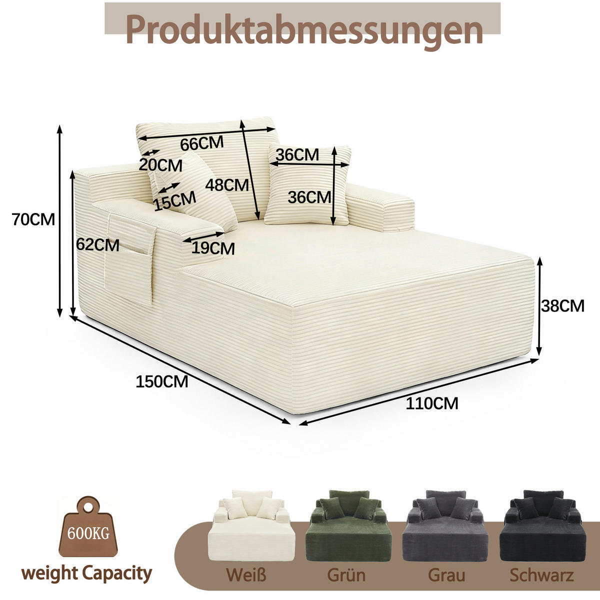SOFAELEMENT 150/110/70 cm Beige Cord mit 2 Staufächer - Beige, Textil (70/150/110cm) - Oxeza