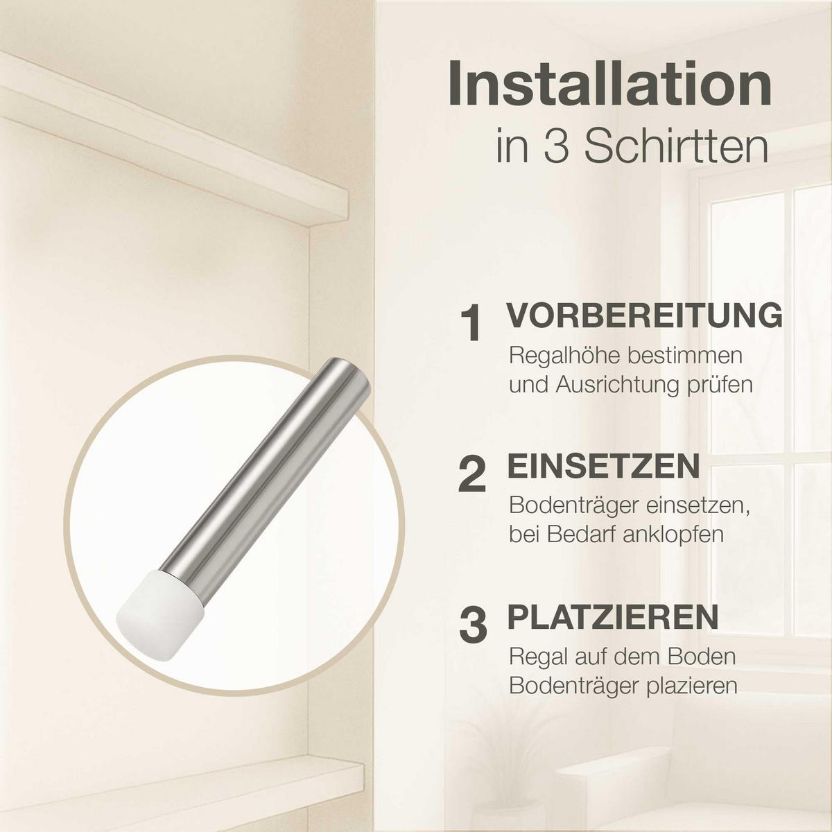 BODENTRÄGER 5x30 mm inkl Abdeckkappen für Glas und Holz - Silberfarben, Metall (0.3/0.5/1cm) - K-Möbel