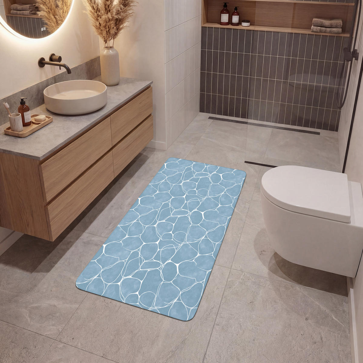 BADEMATTE Organisch - Muster - Blau 60x120 cm - Hellblau, Kunststoff/Textil (60/120cm)