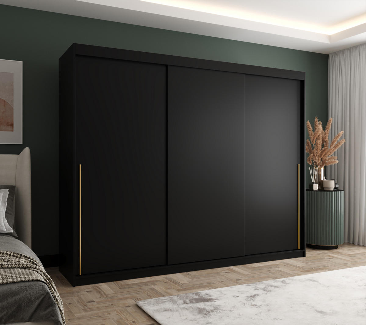 SCHIEBETÜRENSCHRANK 250 cm Breite, schwarz mit goldenem Griff - Goldfarben/Schwarz, Holzwerkstoff (250/200/62cm) - Home Collective