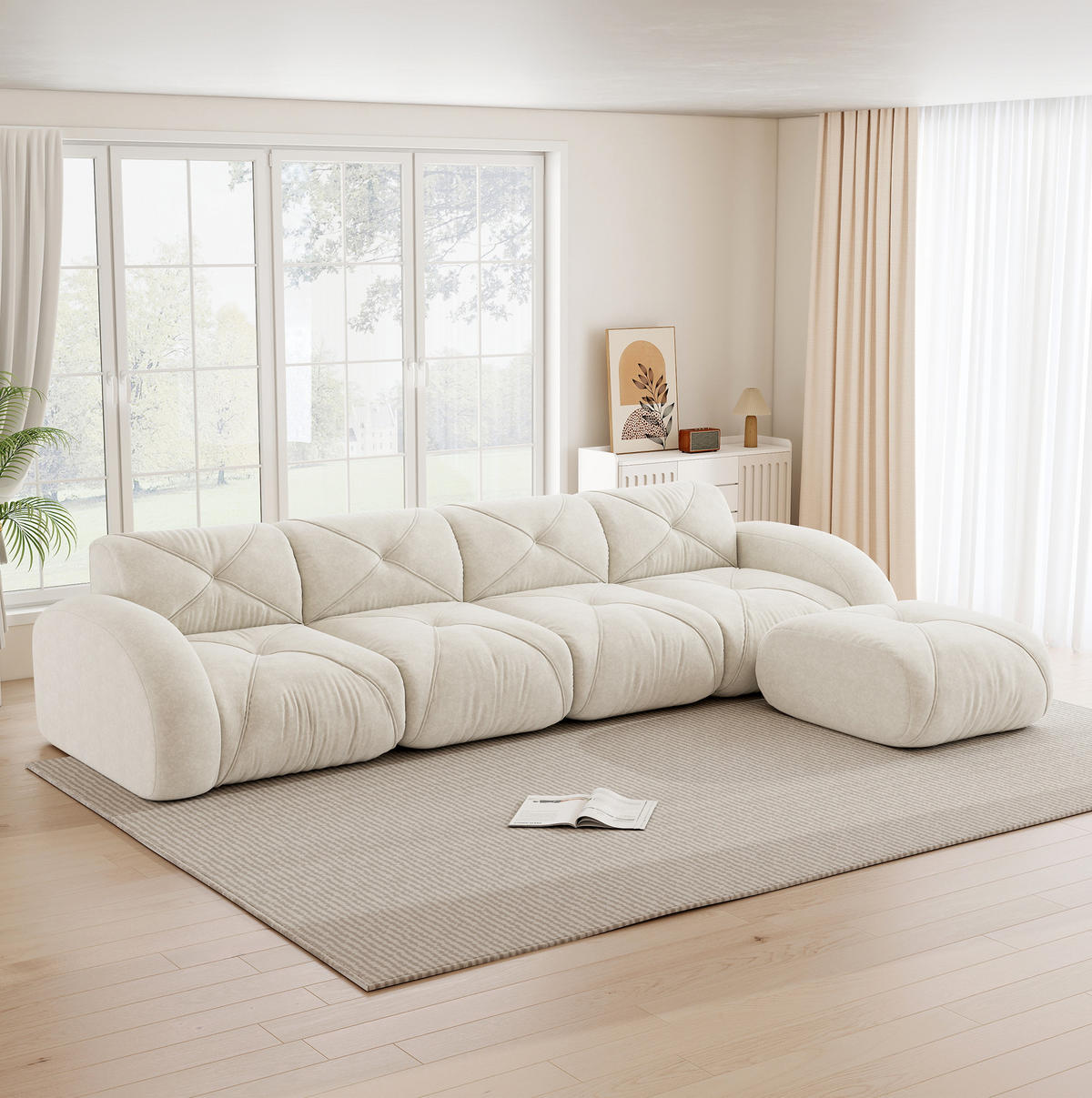 ECKSOFA 358/171/76 cm hellbeige aus Chenille mit modularem Aufbau und Hocker - Beige, Textil (171/358cm) - OKWISH