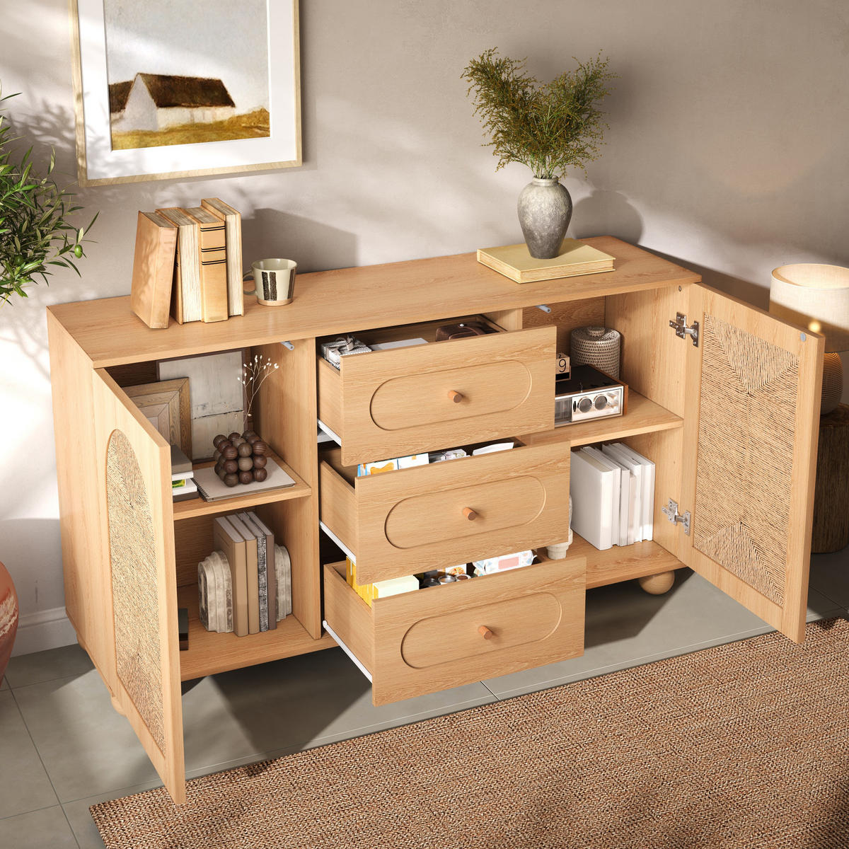 SIDEBOARD Seilgeflecht Türen 3 Schubladen Kieferfüße Modern - Naturfarben, Holzwerkstoff (140/80/40cm) - FLIEKS