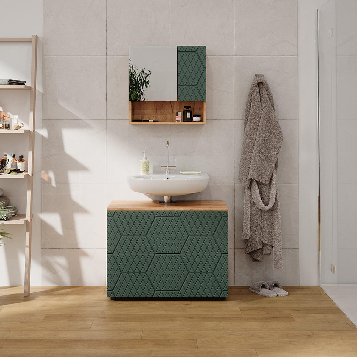 BADMÖBEL-SET Irma Grün 2 Teile - Honigeiche/Grün, Holzwerkstoff (80/58.6/41cm) - Vicco