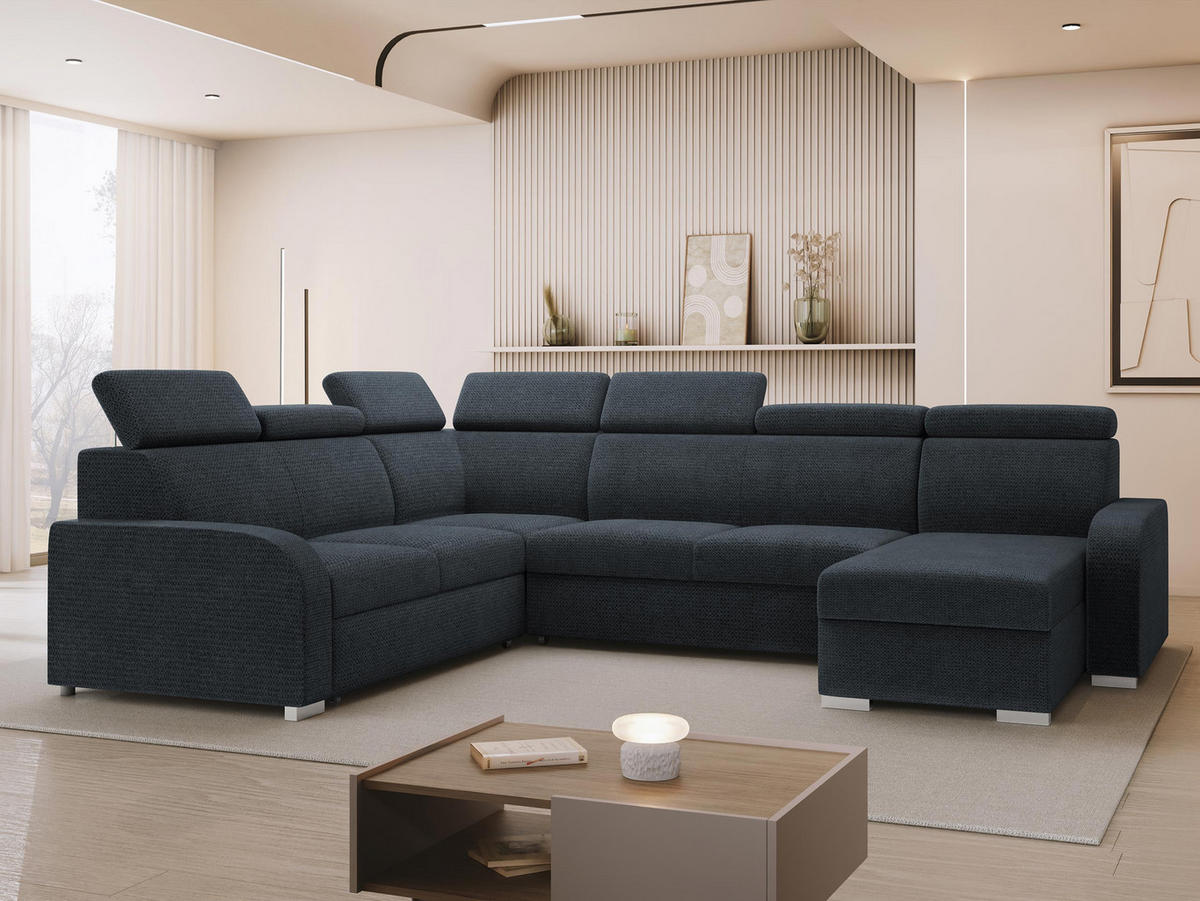 WOHNLANDSCHAFT Oslo 2rR2pLC - Silberfarben/Dunkelblau, Holz/Kunststoff (315/85/250cm) - MIRJAN24