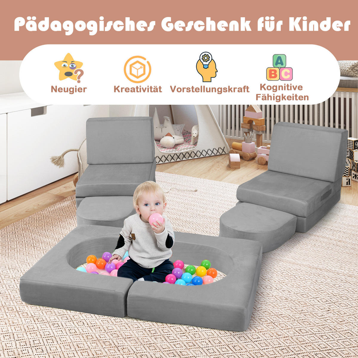 KINDERSOFA 60cm Grau - Grau, Textil (72/60/142cm) - COSTWAY