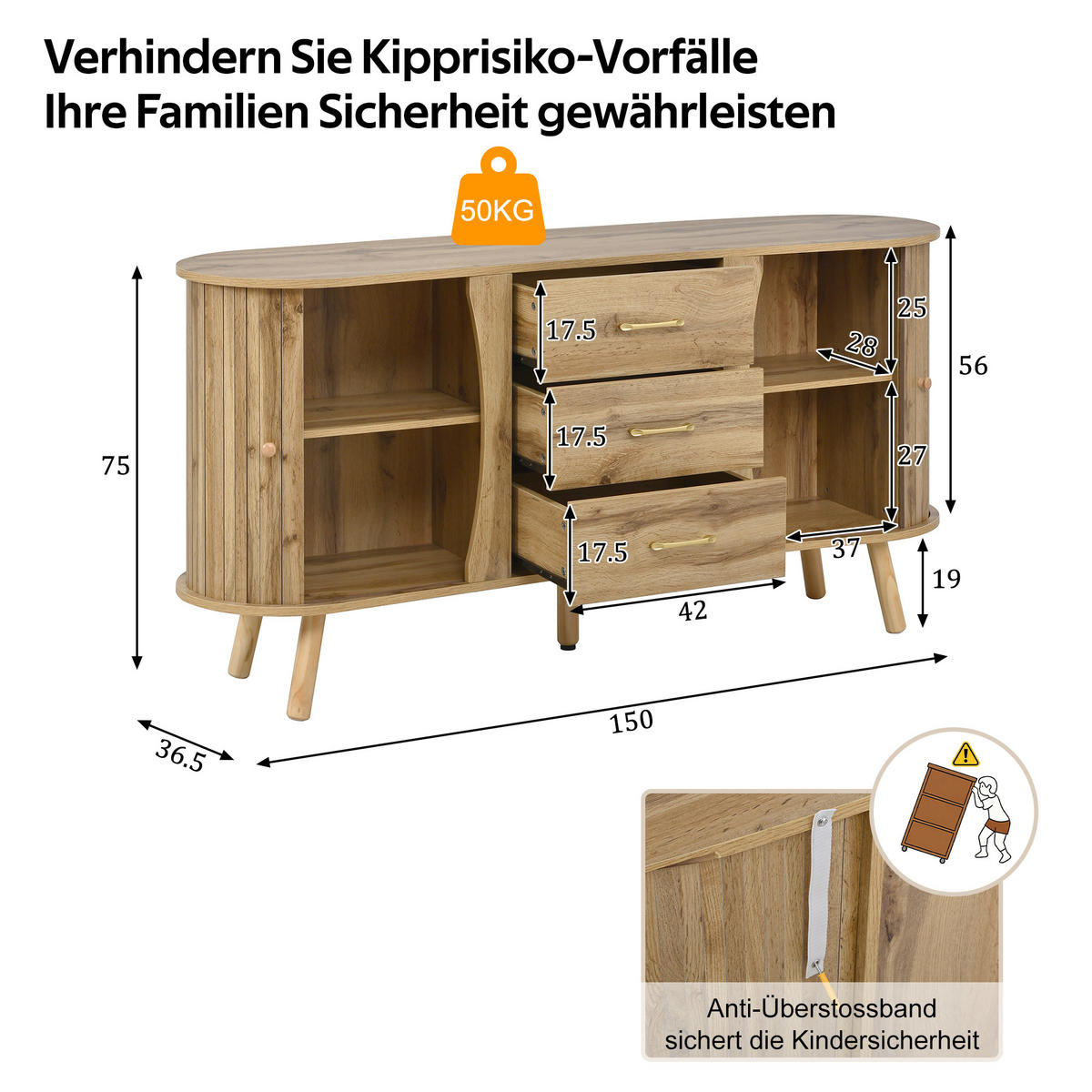 SIDEBOARD Skandi Holzoptik Schiebetüren Schubladen MDF - Honigeiche, Holzwerkstoff (36.5/75/150cm) - FLIEKS