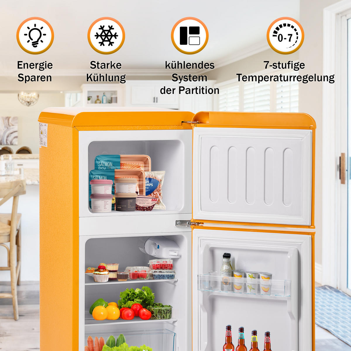 KUHLSCHRANK 45.5/42/88.8 cm Antikgelb 60L mit LED-Licht, Energieklasse E - Gelb, Metall (45.5/88.8/42cm) - Oxeza