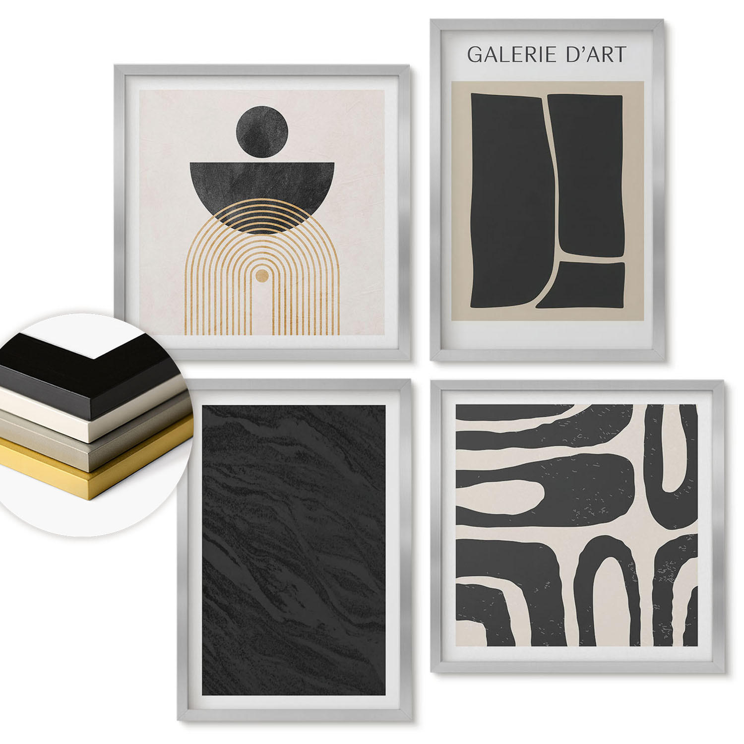 WANDBILDER 4er Set - 50x50 cm & 40x60 cm Silberner Rahmen - Abstrakte Marmorformen - Silberfarben, Kunststoff (50/50cm) - ArtPrintCave