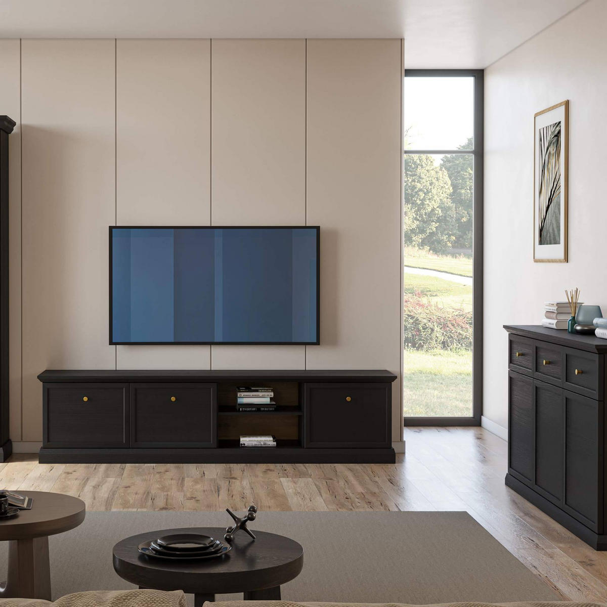 TV-LOWBOARD KATRIA - Schwarz, Holzwerkstoff (206/51/40cm) - KONSIMO®