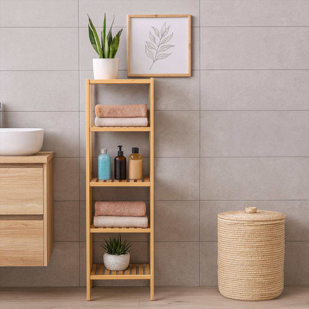 REGAL Bambus Naturfarbe 5 Ablagen 140/34/33 cm - Naturfarben, Holz (34/140/33cm) - Begryf