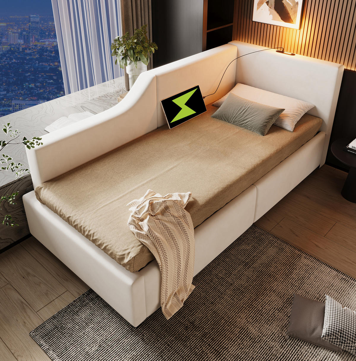 POLSTERBETT 90/190 cm in Beige mit Stauraum und USB- und Type-C-Anschlüssen - Beige, Textil (90/190cm) - Flora Grace