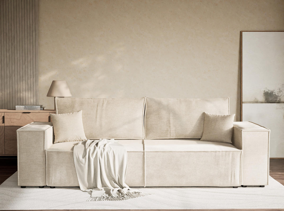 SOFA MIT SCHLAFFUNKTION Milos Beige Chenille-Stoff - Beige/Schwarz, Holz/Holzwerkstoff (255/70/105cm) - Maison de Reve