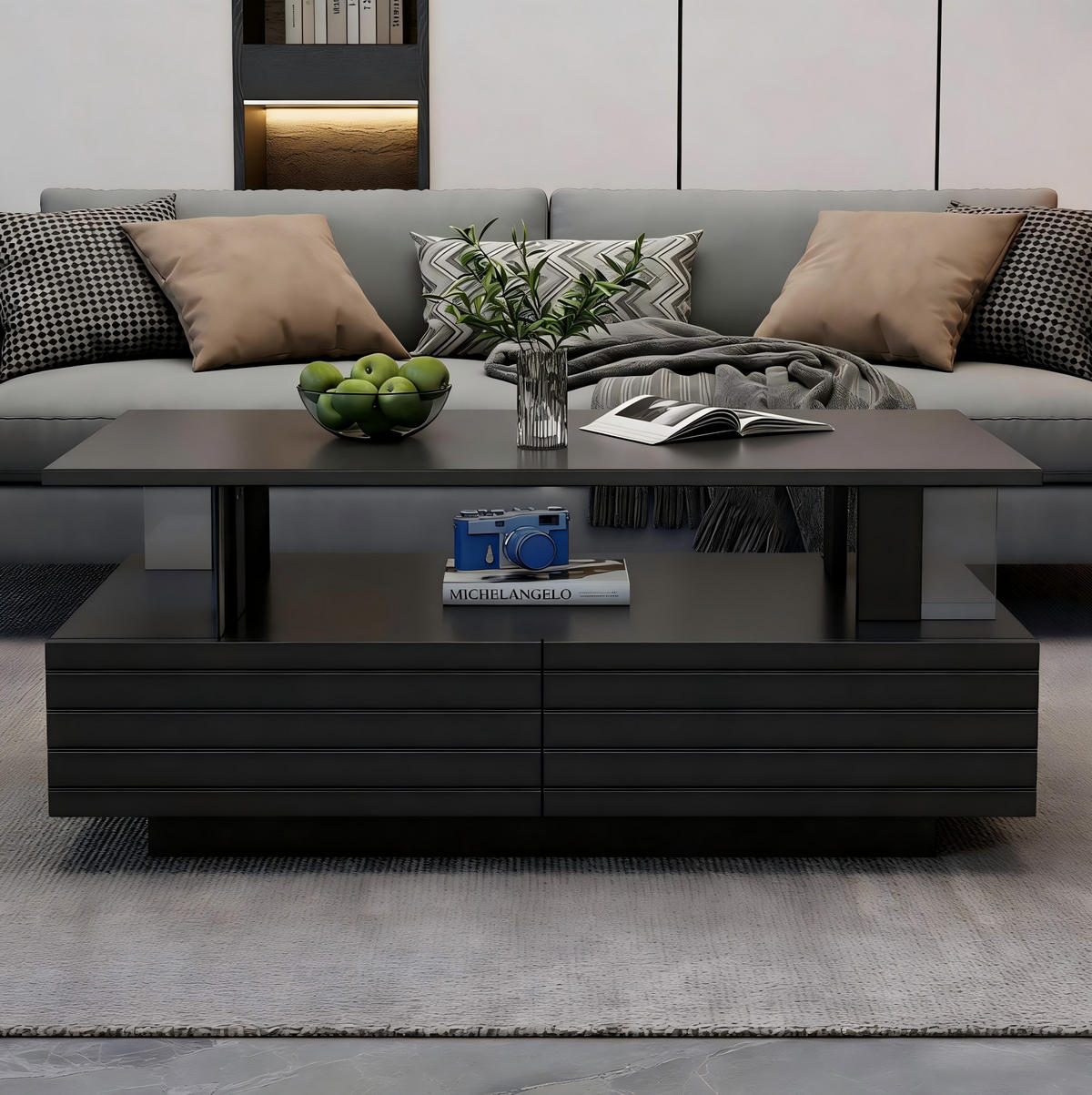 COUCHTISCH mit LED und Stauraum 100 x 50 cm Acryl Schwarz - Schwarz, Holz (100/50/42cm) - Meubliv