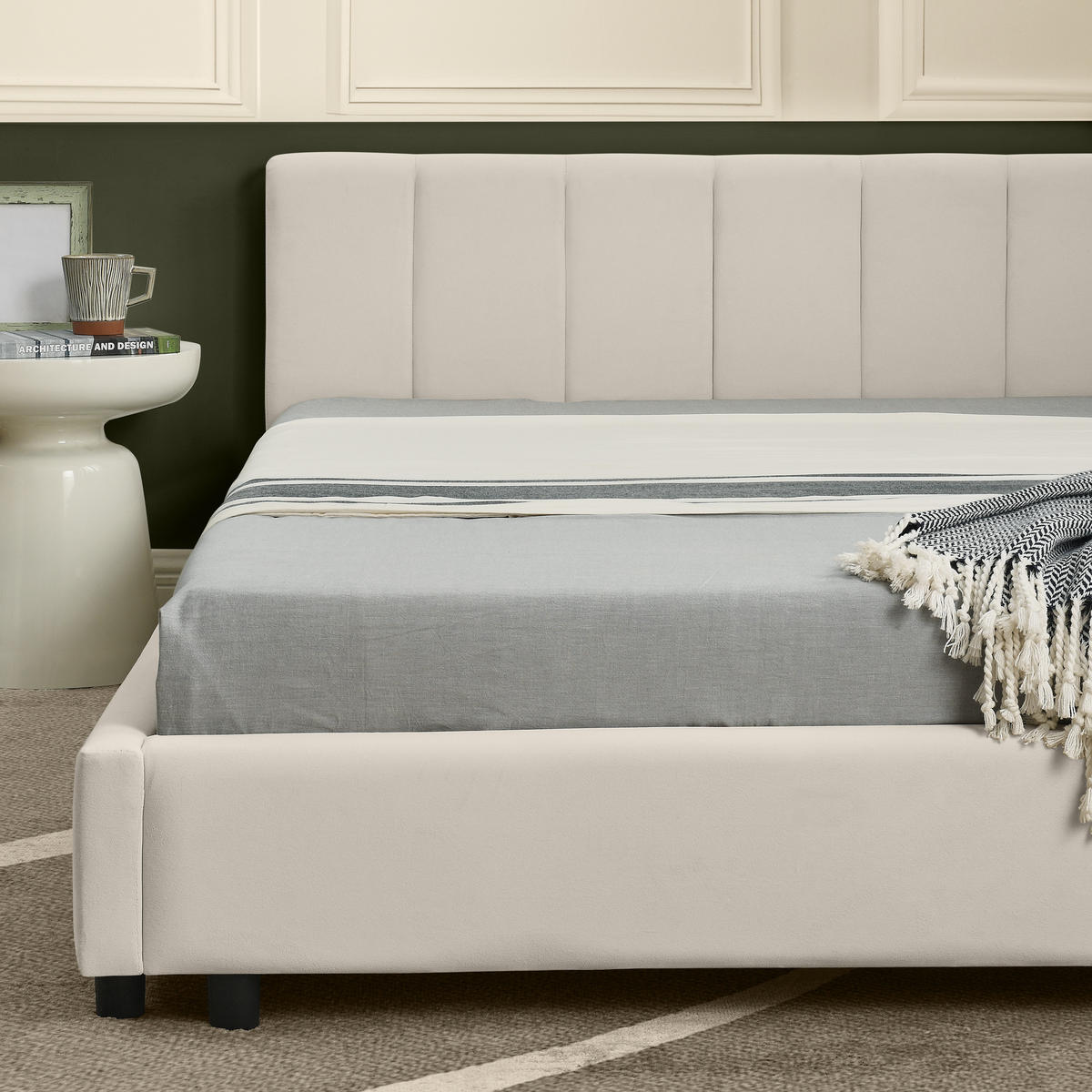 POLSTERBETT 160x200 cm Samt Rückenlehne beige - Beige, Kunststoff (160/200cm) - LEBENLANG