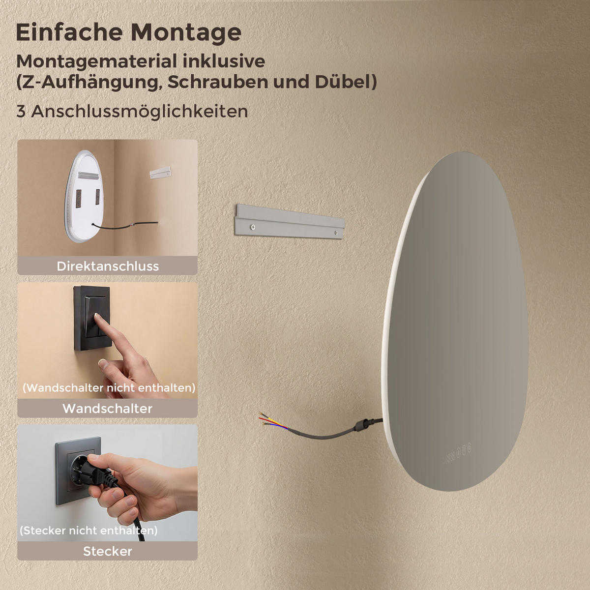 BADSPIEGEL MIT BELEUCHTUNG 85/50 cm asymmetrisch Bluetooth LED mit Antibeschlag - Transparent, Glas (85/50/3cm) - S'AFIELINA
