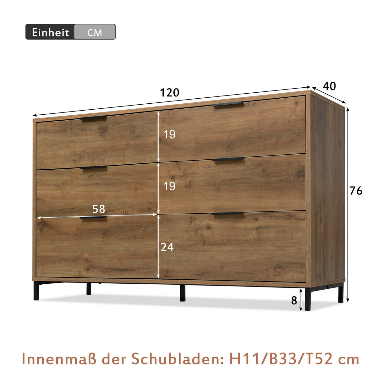 KOMMODE in Dunkle Eichefarben Sideboard mit 6 Schubladen für Schlafzimmer und alle Wohnräume, B120/T40/H76 cm - Eichefarben/Schwarz, Holzwerkstoff/Metall (120/76/40cm) - STILVORA