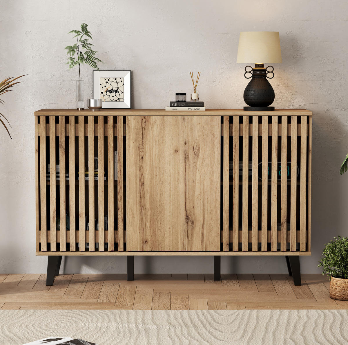 SADA TV stolku a komody z dřevotřísky 180x40x55/150x40x95 cm v dekoru přírodního dřeva s úložným prostorem - světle hnědá, kompozitní dřevo (180/55/40cm) - Modfu