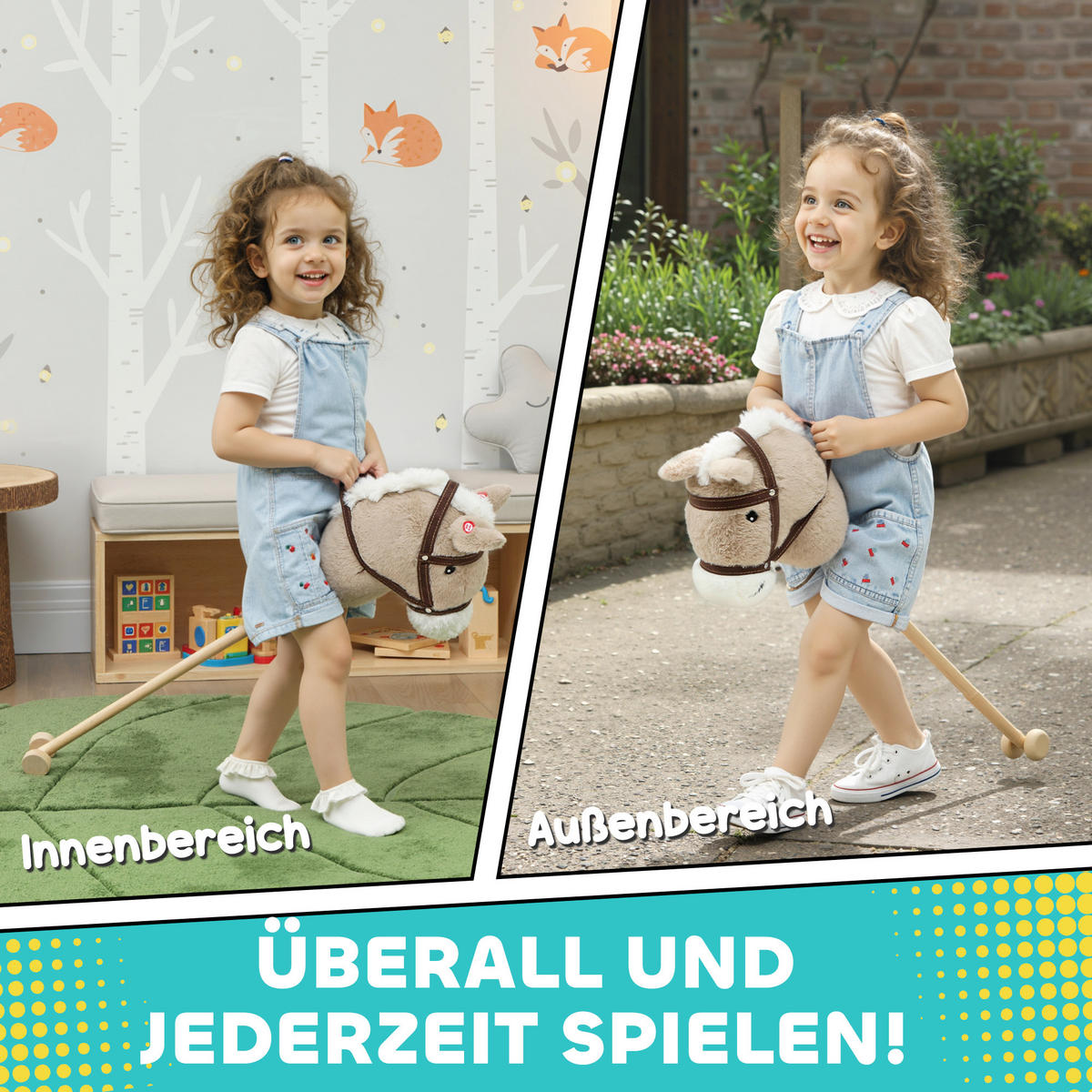 STECKENPFERD Polyester Pappelholz Grau - Grau, Textil (25/95cm) - AIYAPLAY