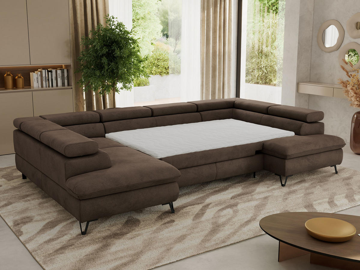 WOHNLANDSCHAFT PABLO U Velvet Braun mit Topper T25 - Schwarz/Braun, Textil/Metall (346/76/208cm) - MKS