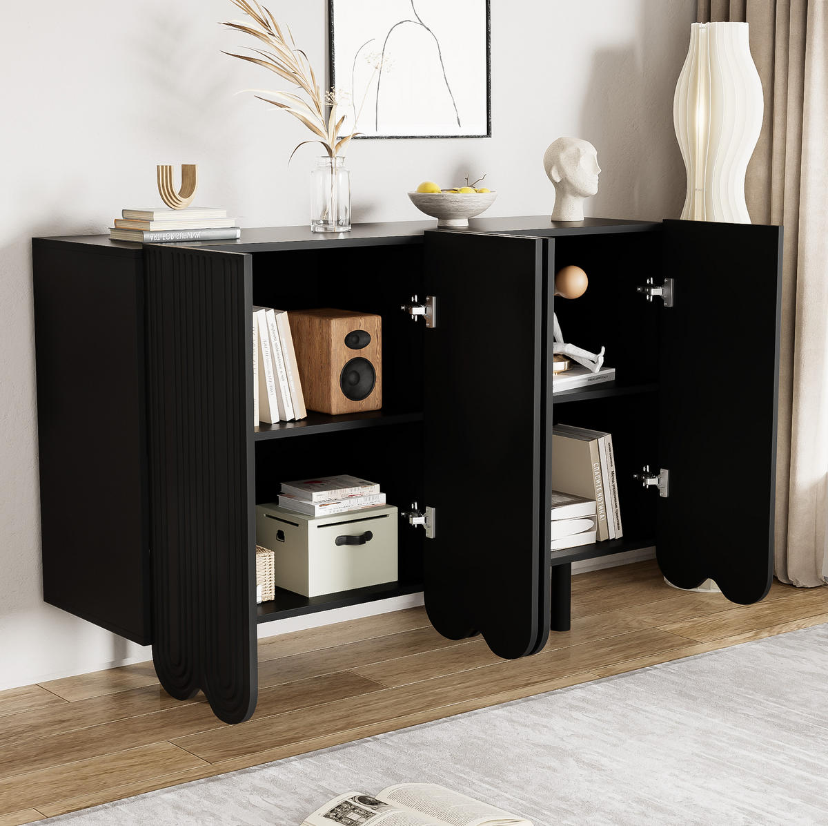 SIDEBOARD 120/37,5/80,8 cm in Schwarz mit 4 Türen und tropfenförmiger Front - Schwarz, Holzwerkstoff (120/37.5/80.8cm) - BEAOK