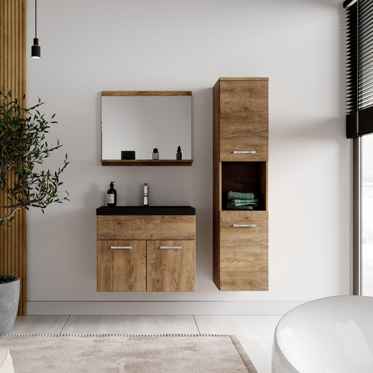 BADMÖBEL-SET Montreal 4 Teile Braun Eiche - Schwarze Waschbecken - 60 x 35 x 51 cm - Eichefarben/Schwarz, Holz (60/51/35cm) - Badplaats