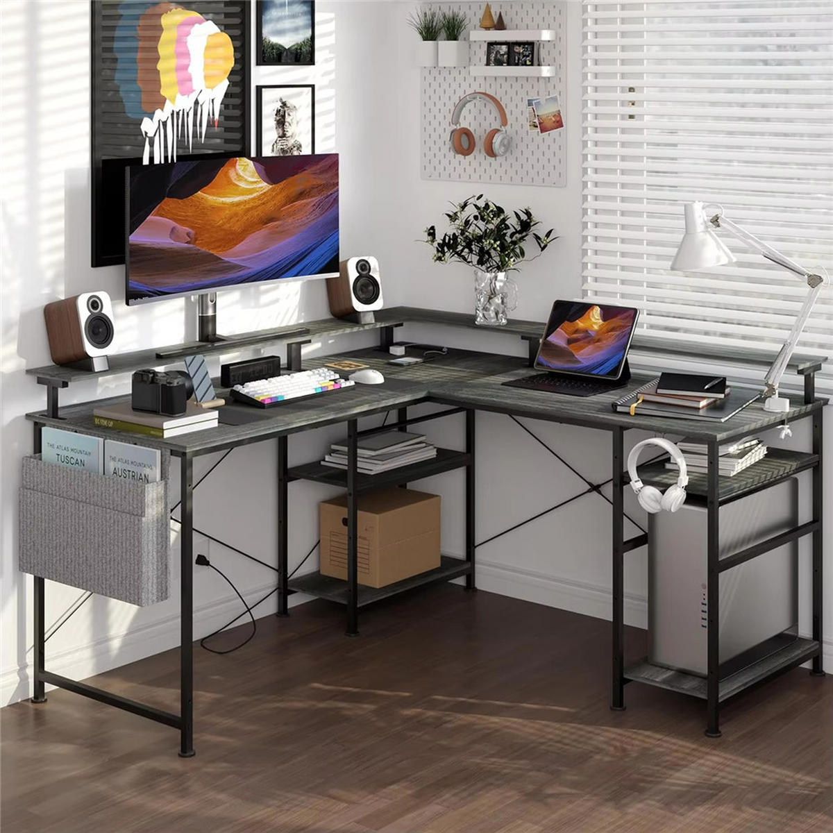 SCHREIBTISCH L-förmig mit Regal USB Steckdose RGB LED Grau - Grau, Holz (140/50/85cm) - Kaket