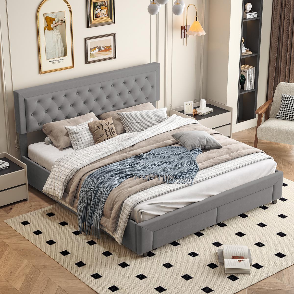POLSTERBETT 180/200 cm Grau, Doppelbett mit Schubladen und Stauraum, gepolstertes Kopfteil für Schlafzimmer - Grau, Holz/Metall (180/200cm) - Joyfair