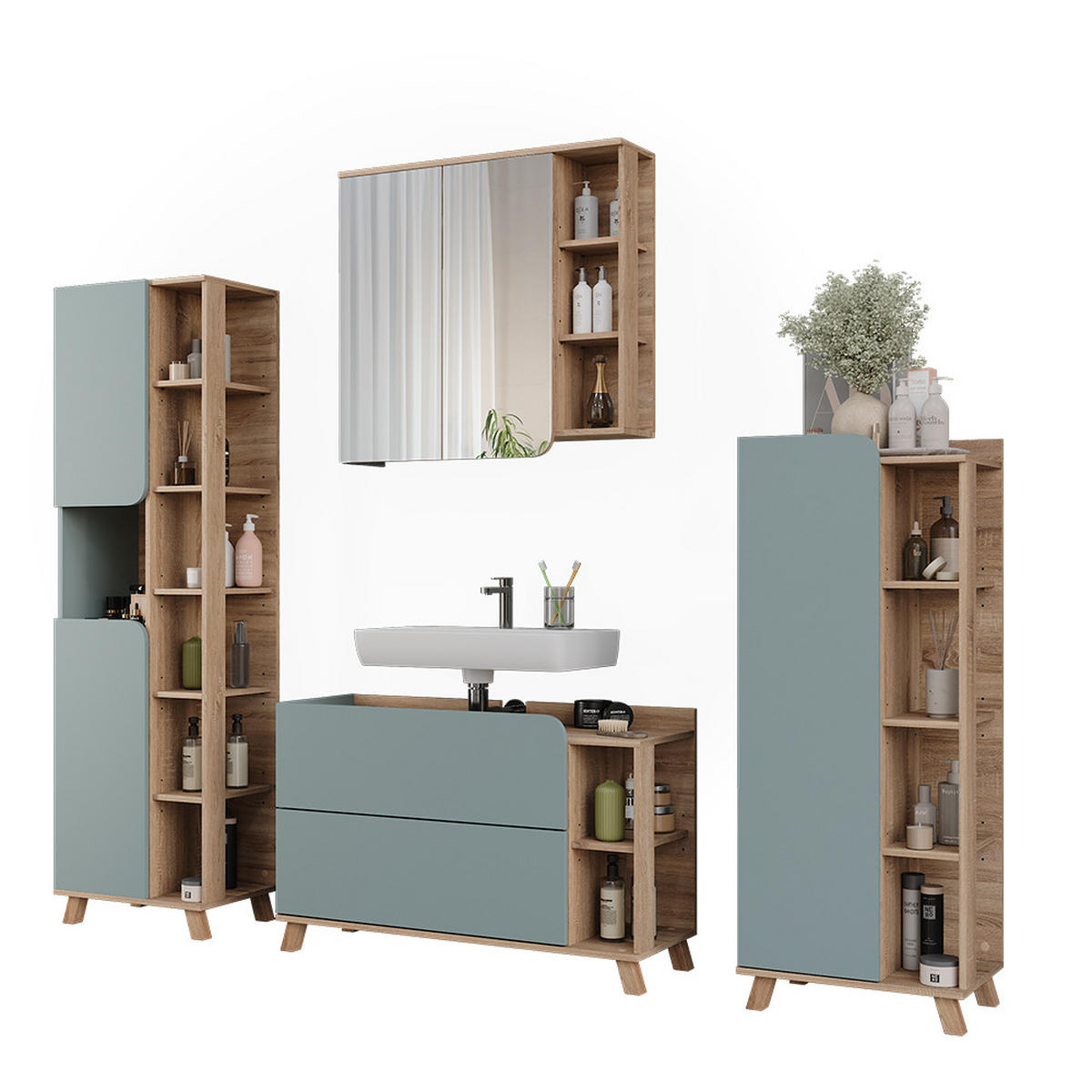 BADMÖBEL-SET Karen Sonoma/Blau 4 Teile - Blau, Holzwerkstoff (100/65/35cm) - Vicco