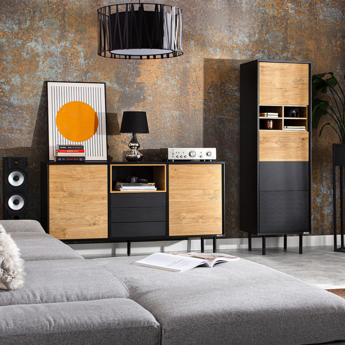 VITRINENSCHRÄNK LOFTY TV/Weineinlage, schwarz / Eiche natur - Eichefarben/Multicolor, Holzwerkstoff (102/174/41cm) - KONSIMO®