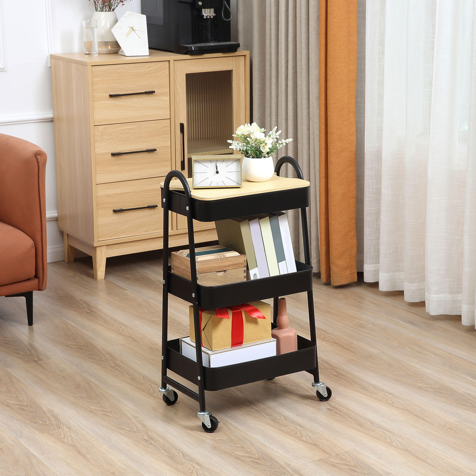 KÜCHENWAGEN 3-Etagen mit Rollen - Schwarz, Holzwerkstoff (31/79.4/45cm) - HOMCOM