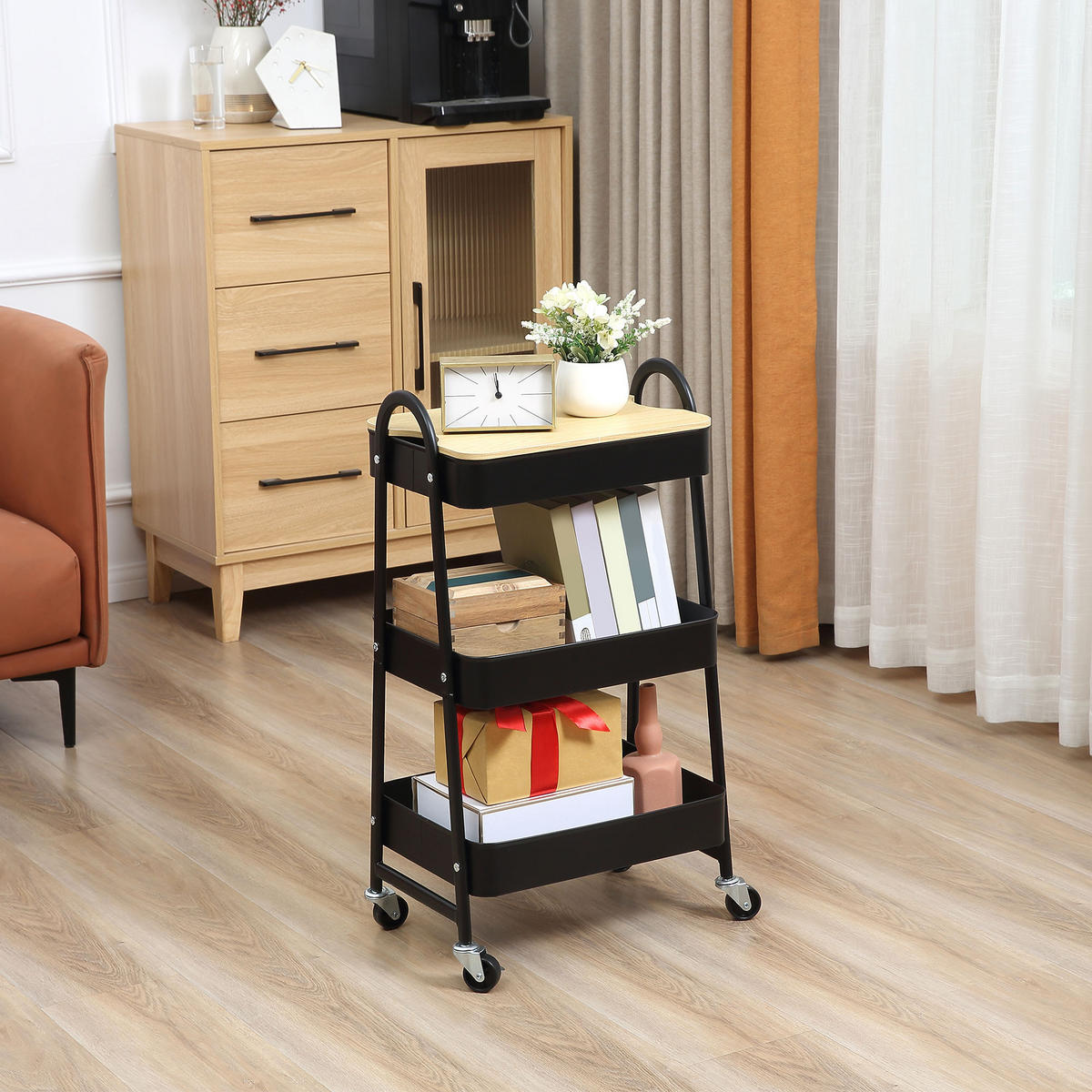 KÜCHENWAGEN 3-Etagen mit Rollen - Schwarz, Holzwerkstoff (31/79.4/45cm) - HOMCOM