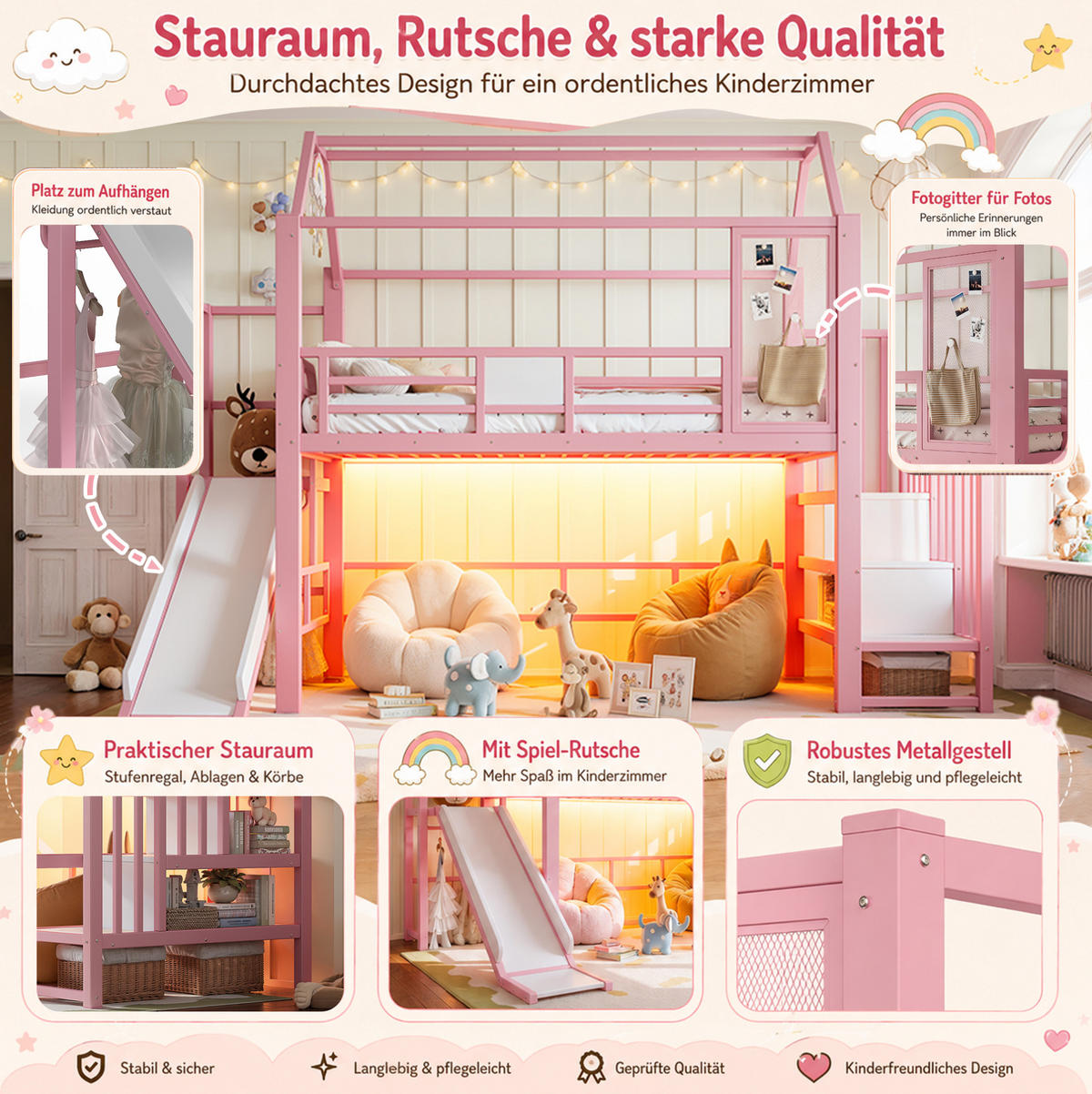 HOCHBETT aus Metall und MDF 90x200 cm Pink mit Rutsche, Stauraumtreppe und Bluetooth-LED-Beleuchtung - Pink, Holzwerkstoff (90/200cm) - IVMEU