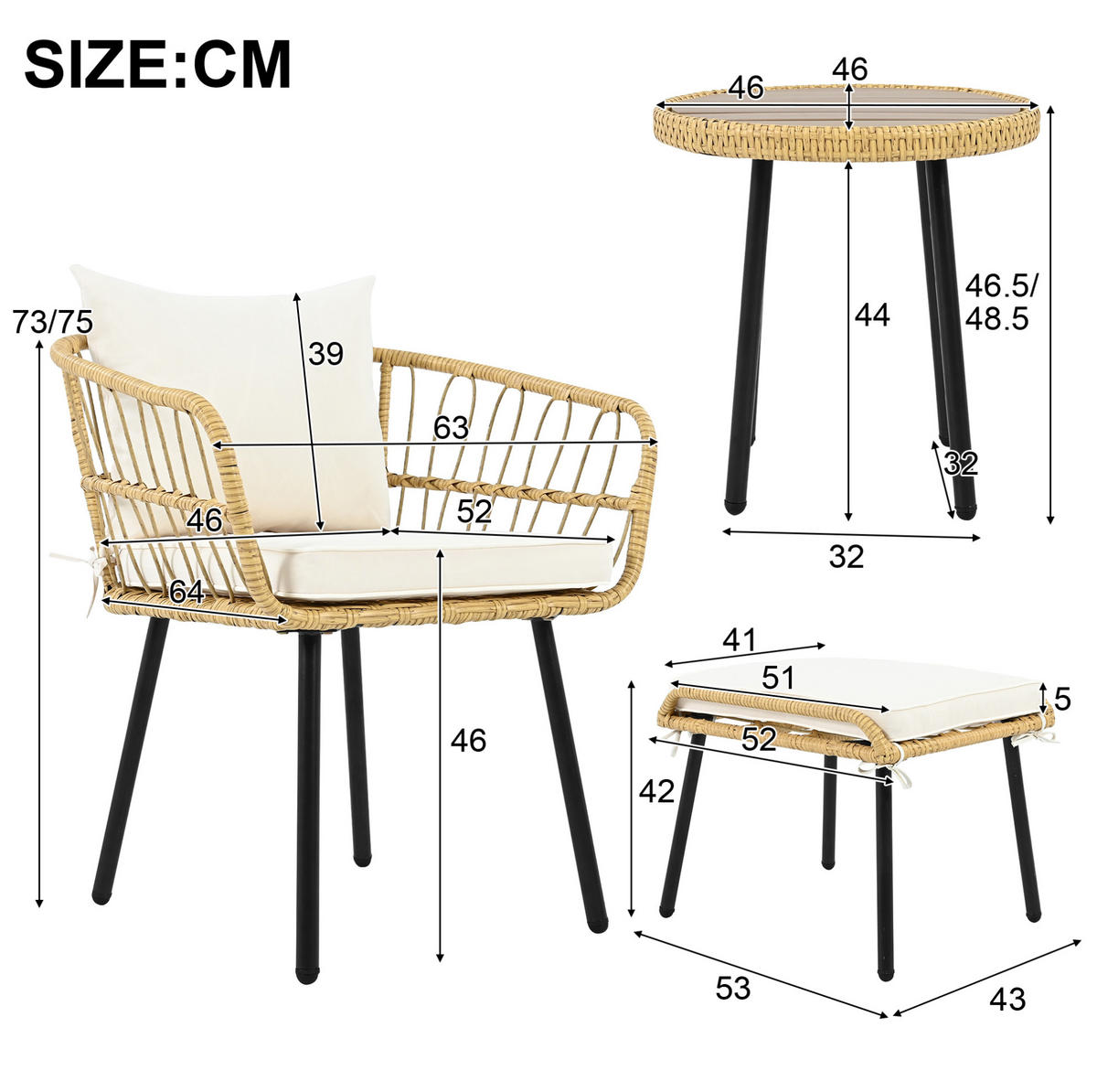 GARTEN-LOUNGE-SET 5-teilig mit Tisch, 2 Stühlen, 2 Hockern und Sitzkissen, Weiß/Natur - Naturfarben, Metall - Redom