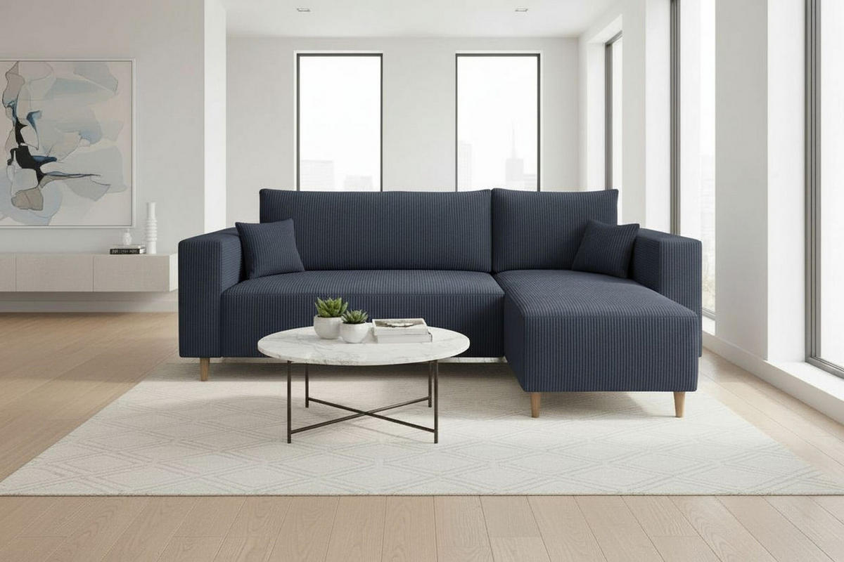 ECKSOFA RIO mit Schlaffunktion und Bettkasten, Farbe: Blau, Cordstoff, Ottomane Universal - Blau, Textil (249/142cm) - Marpur