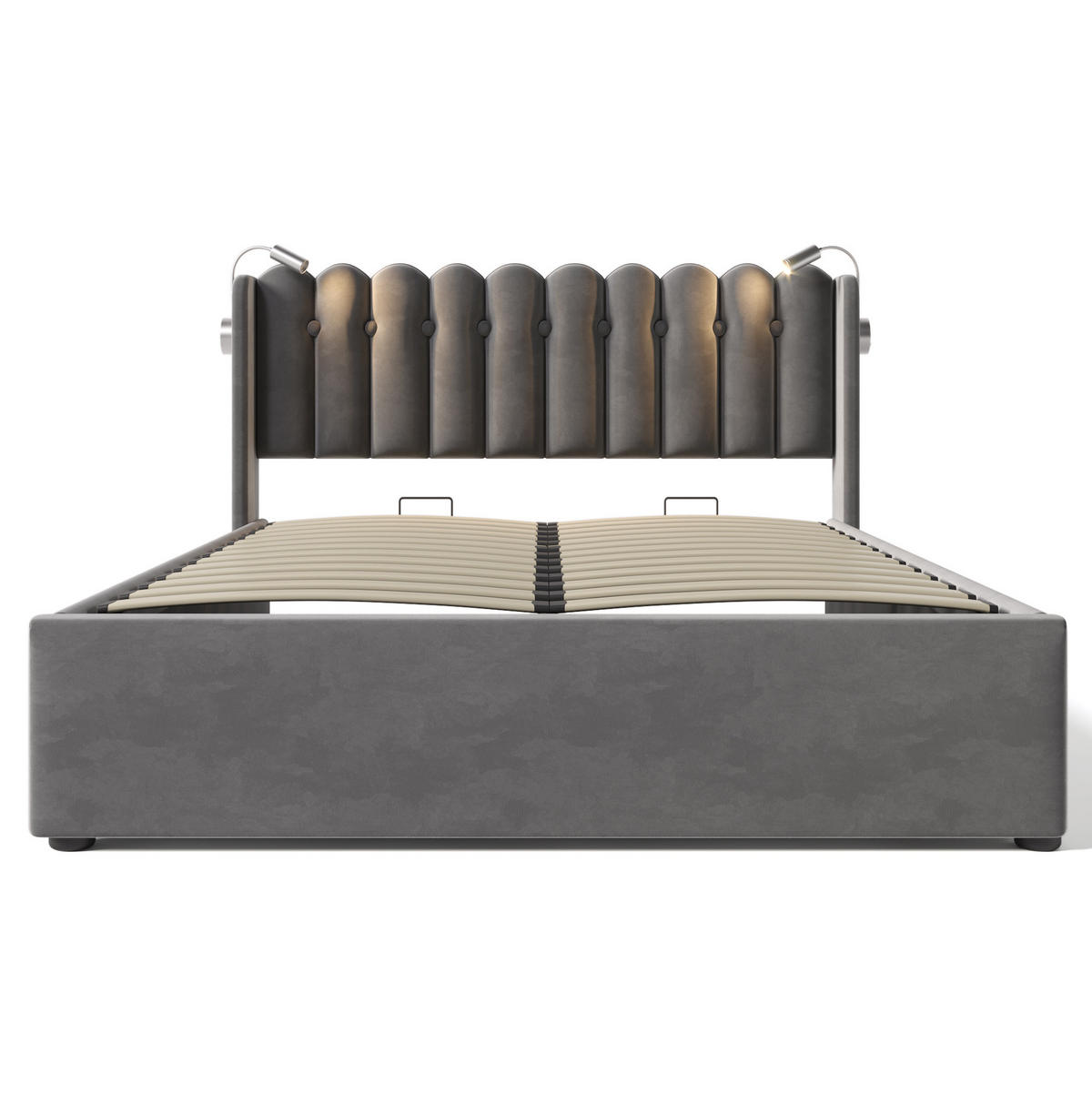 POLSTERBETT aus Samt 160x200 cm Grau mit Bettkasten, Leselicht, USB-Anschluss und Matratze - Grau, Textil (160/200cm) - IVMEU