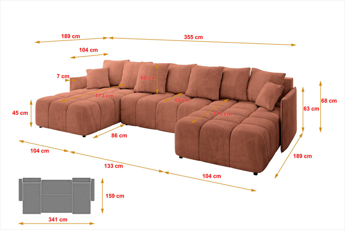 WOHNLANDSCHAFT LONLI-U 355x189x68 Apricot Velours - Koralle, Holzwerkstoff/Kunststoff (355/68/189cm) - ALTDECOR