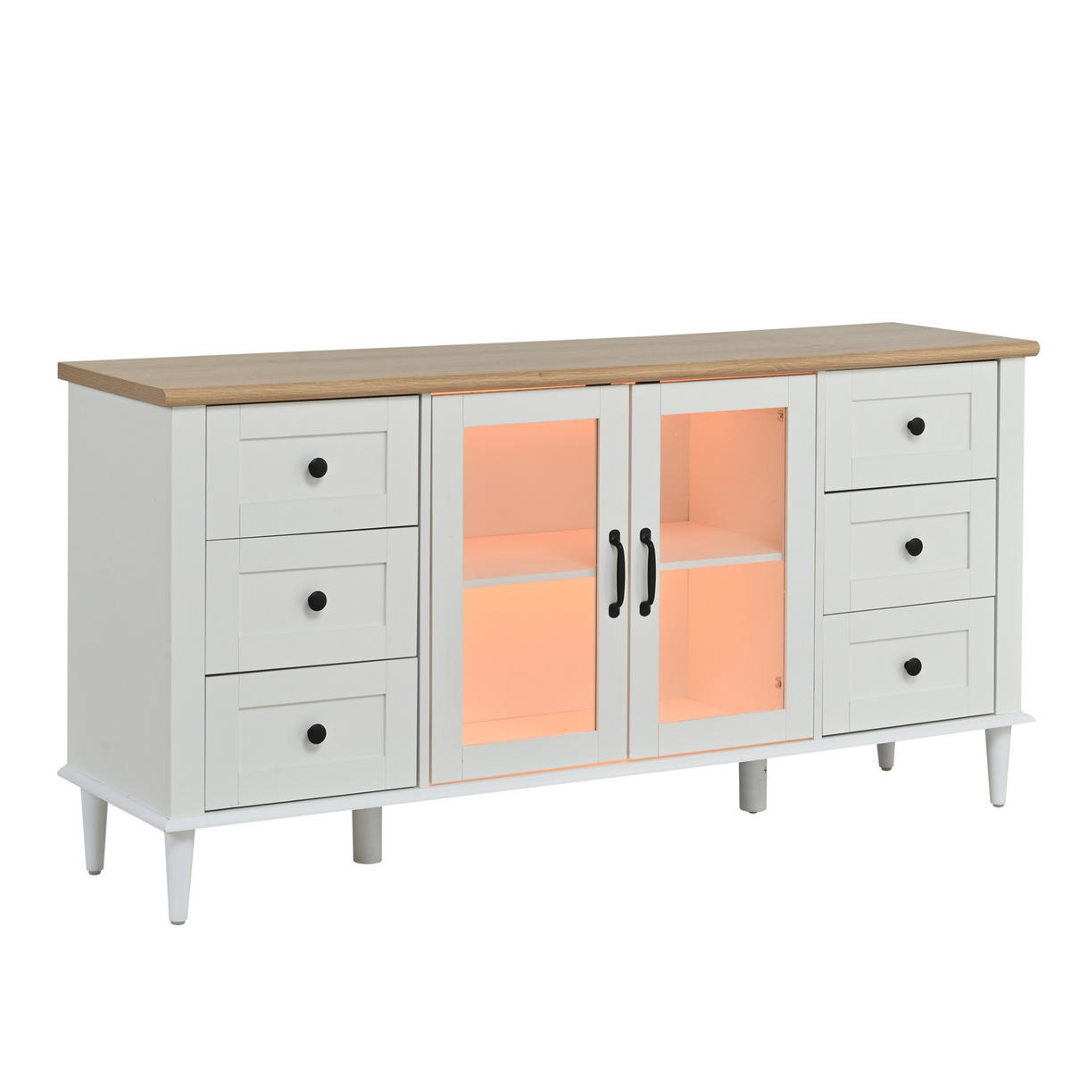 SIDEBOARD 150/40/75 cm mit 2 Acryltüren, 6 Schubladen & LED in Weiß/Holzoptik - Weiß, Holzwerkstoff (150/75/40cm) - BEAOK