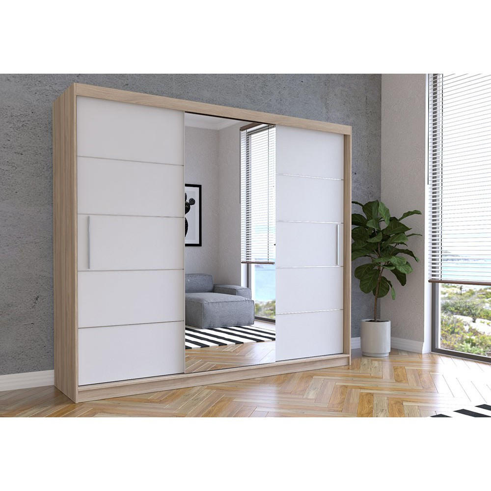 SCHWEBETÜRENSCHRANK Alba Sonoma Eiche/Weiß + Spiegel, ohne LED Beleuchtung 250 cm - Alufarben/Weiß, Glas/Holzwerkstoff (250/218/61cm) - imoebel24