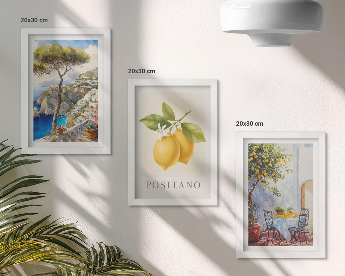 WANDBILDER 3er-Set - 20x30 cm Weißer Rahmen - Ansichten von Positano mit Zitronen - Weiß, Kunststoff (20/30cm) - ArtPrintCave