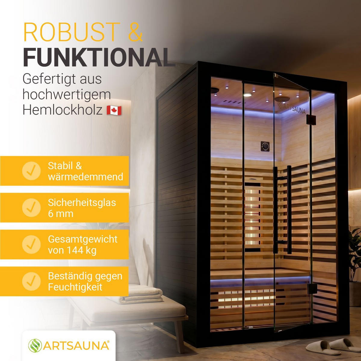 INFRAROTKABINE Trondheim120 Schwarz mit Dual-Technologie & Hemlockholz - Schwarz, Holz (105/190/120cm) - Artsauna