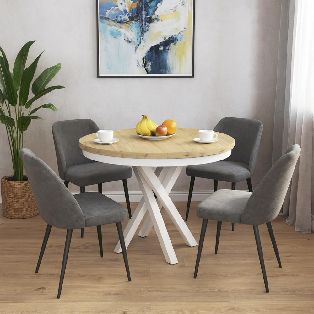 ESSTISCH Kris, Runder, mit Metallbeinen, eiche Artisan+Weiß - Weiß/Eiche Artisan, Holzwerkstoff/Metall (100/100/77cm) - Beautysofa