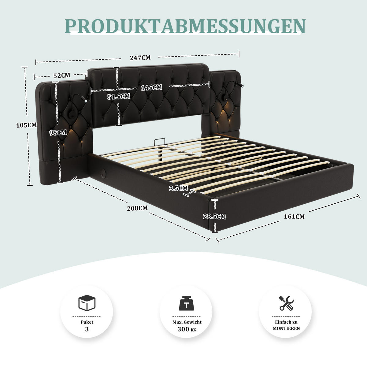 POLSTERBETT 160/200 cm mit USB-Anschlüssen, Leselampen und hydraulischem Stauraum, Schwarz - Schwarz, Leder (160/200cm) - Redom