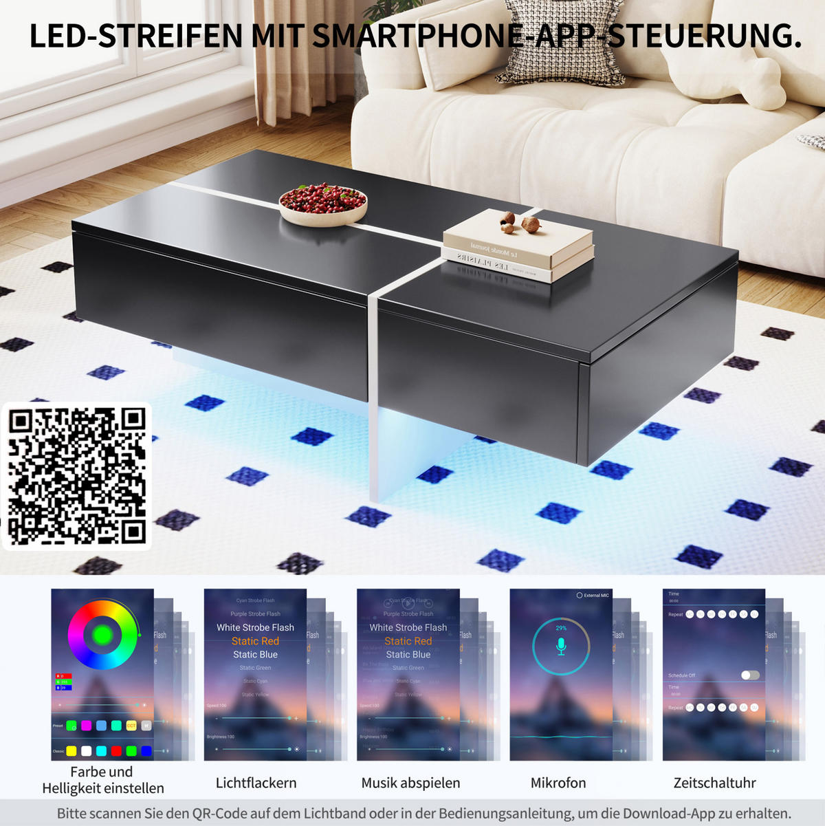 COUCHTISCH 100/50/34.5 cm schwarz aus Spanplatte mit LED-Beleuchtung und 3 Schubladen - Schwarz, Holzwerkstoff (100/50/34.5cm) - OKMYHOME