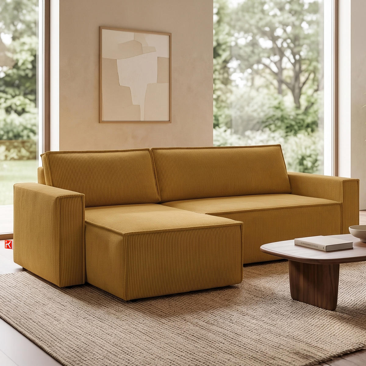 ECKSOFA-LINKS/RECHTS NAPI Schlaffunktion mit Cordbezug, Gelb - Gelb/Schwarz, Textil (246/148cm) - KONSIMO®