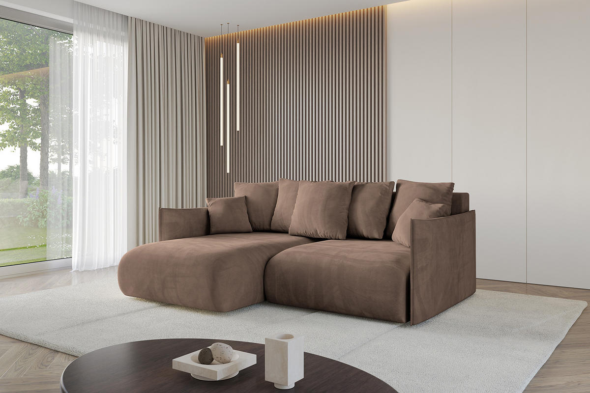 ECKSOFA mit Schlaffunktion und Bettkasten ONESK-L 208x165x40 Braun Velours - Braun, Holzwerkstoff/Kunststoff (208/165cm) - ALTDECOR