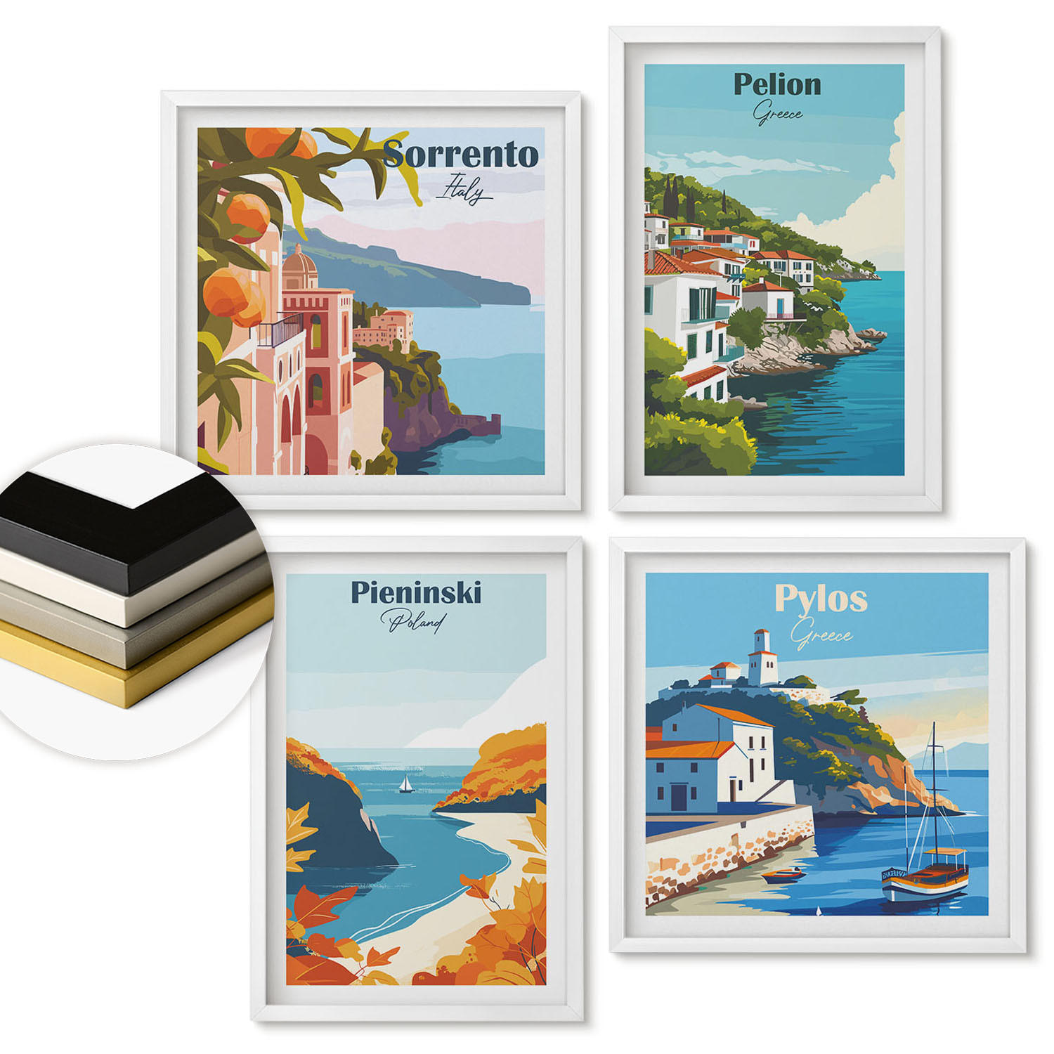 WANDBILDER 4er-Set - 50x50 cm & 40x60 cm Weißer Rahmen - Retro-Landschaften im malerischen Stil - Weiß, Kunststoff (50/50cm) - ArtPrintCave