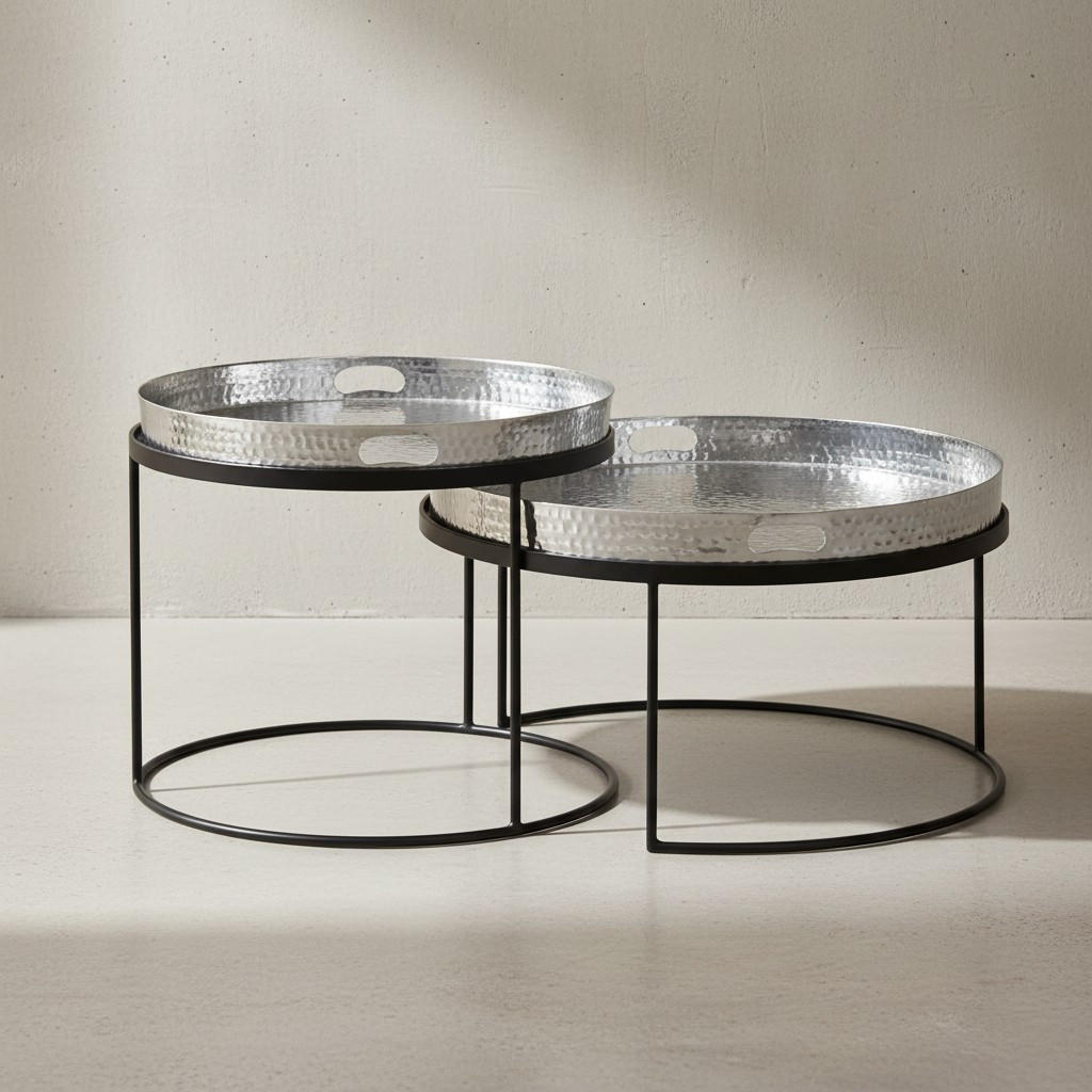 COUCHTISCH 2er Set Aluminium Hammerschlag Handgefertigt, Silber 56x56x33 cm - Silberfarben/Schwarz, Metall (56/56/33cm) - KADIMA DESIGN