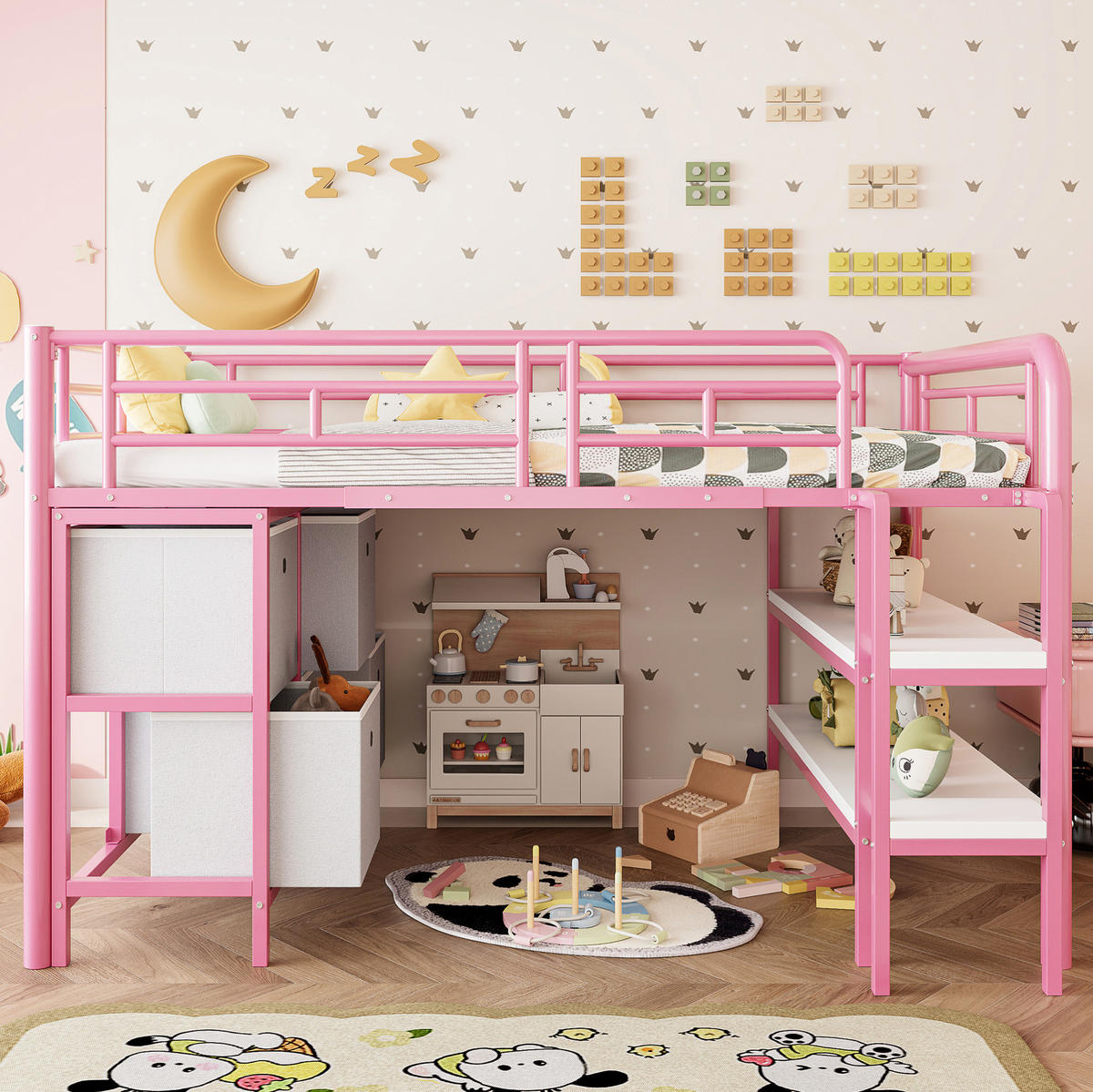 HOCHBETT 90/200 cm aus Metall und MDF mit Stauraumtreppe Rosa/Weiß - Rosa, Metall (90/200cm) - Modenvie