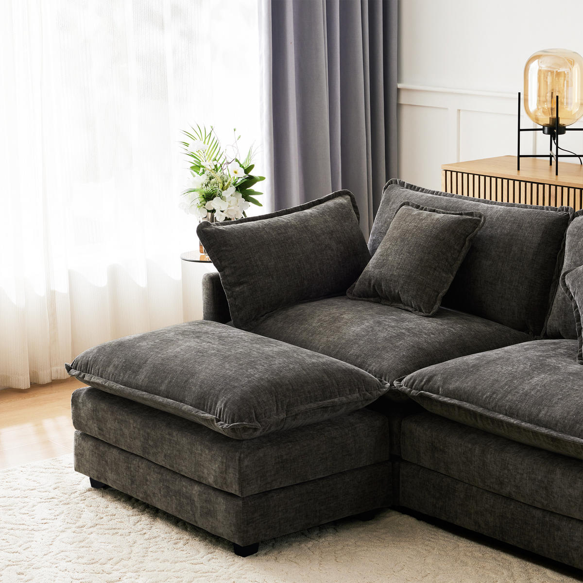 3-SITZER ECKSOFA Chenille Dunkelgrau mit Hocker und Kissen - Dunkelgrau, Holzwerkstoff/Kunststoff (283/147cm) - WISHDOR